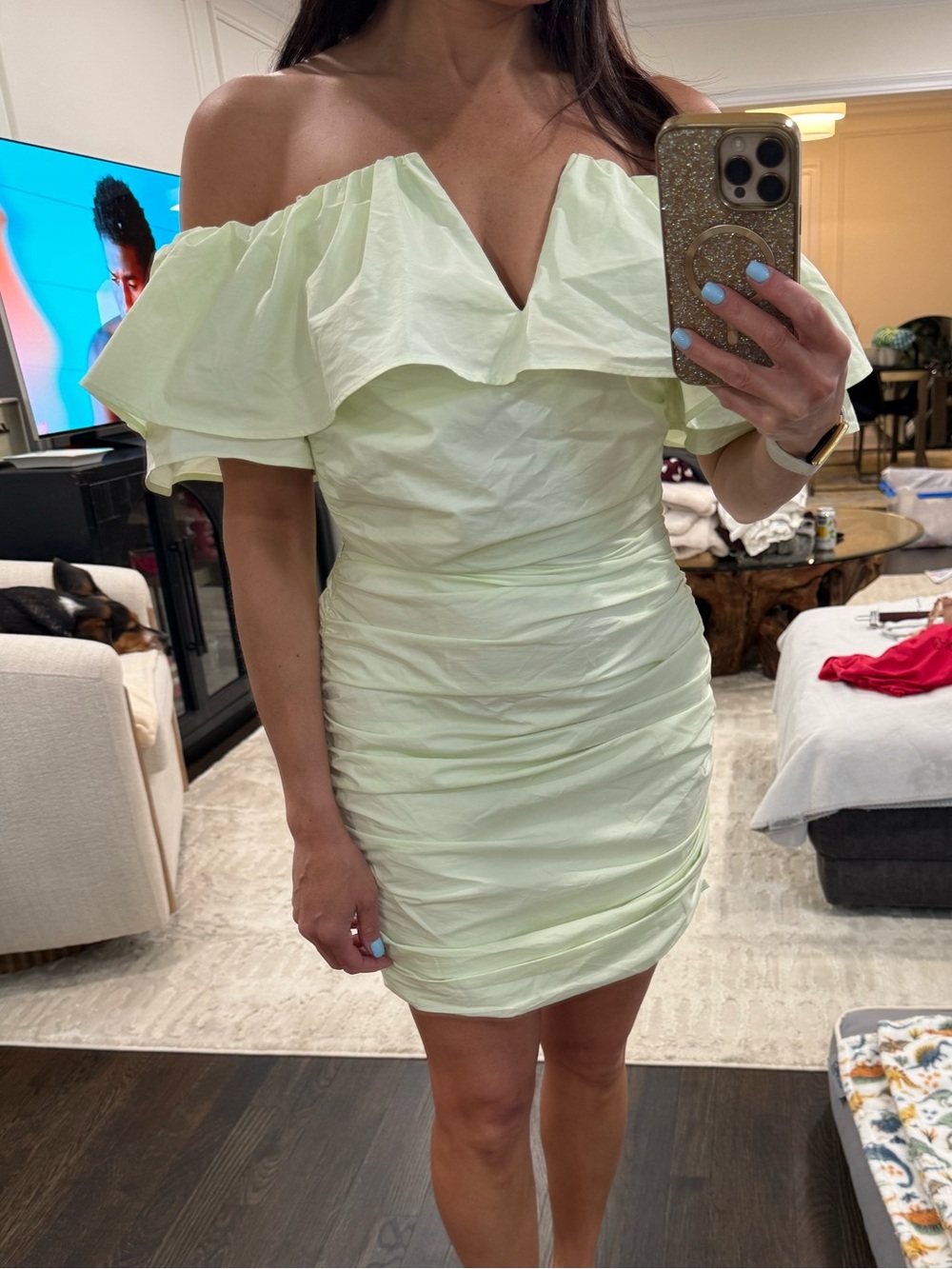 Anthropologie Strapless Ruffled Ruched Mini Dress in Light Mint